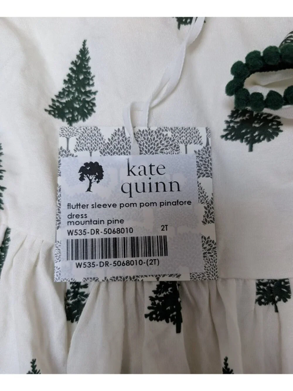 Kate Quinn Bamboo Mountain Pine Tree Flutter Sleeve Pom Pom Christmas Dress 2T